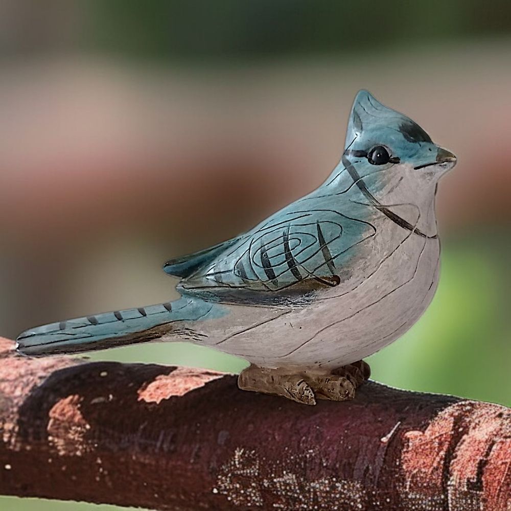 Carved Blue Jay Bird‎ Figure Resin Hadpainted Diorama Shadowbox Cottage Garden.